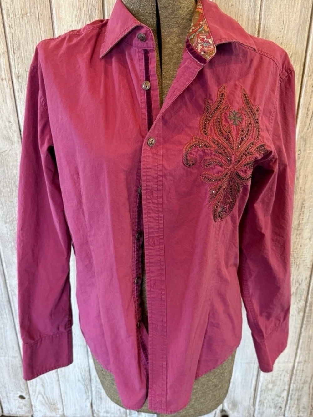 Embroidered Toku Magenta Button-Up Shirt - Picture 2 of 12
